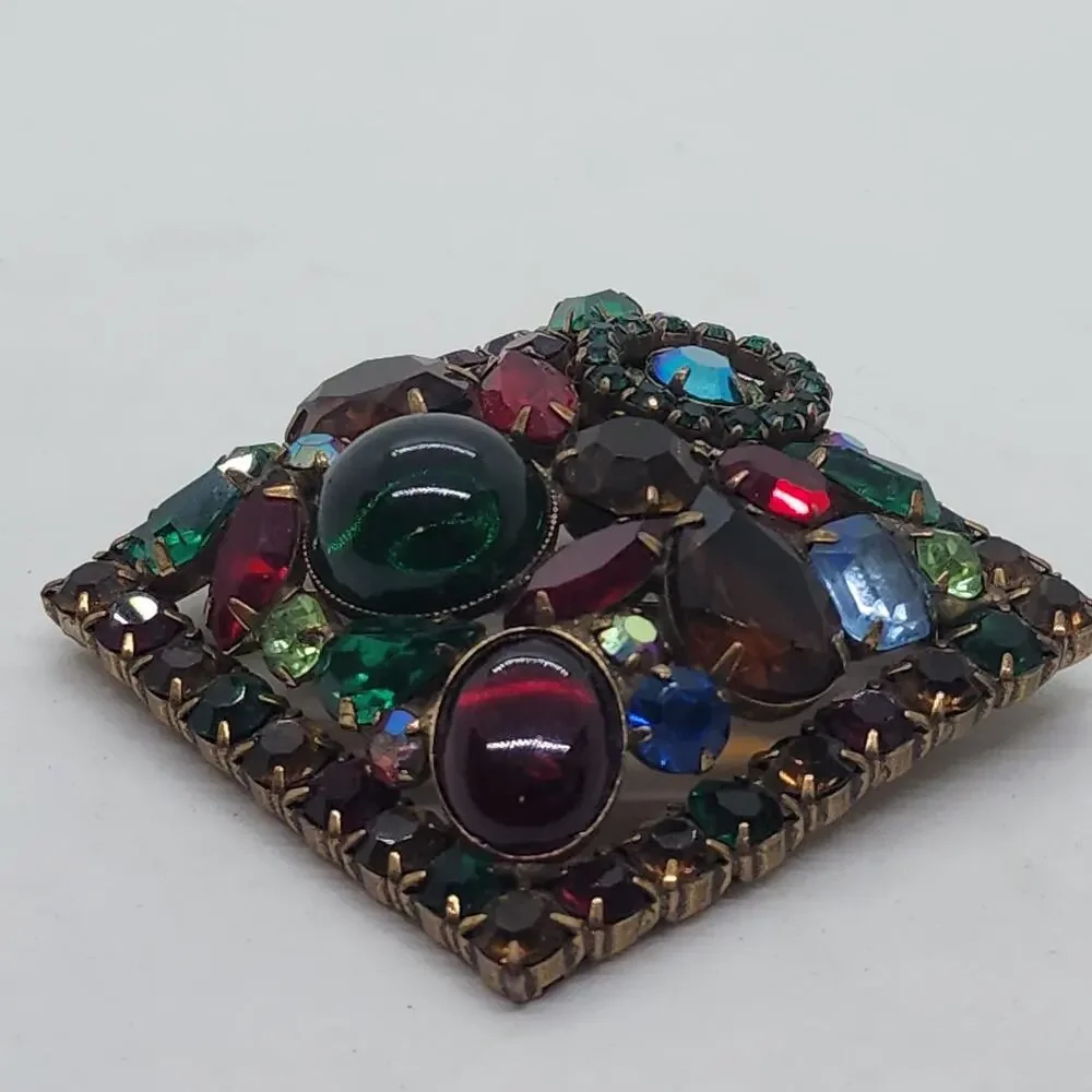Vintage HUGE Weiss Fruit Salad Rhinestone Cabochon Square Multicolor Unsigned